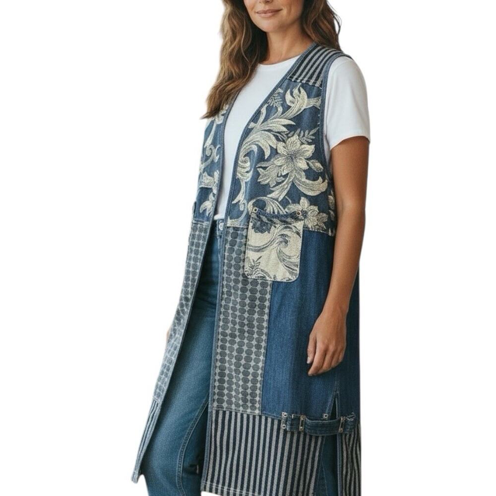 Vtg 90s SPENCER‎ ALEXIS Womens Denim Duster Vest Sz L Patchwork Embroidered Boho